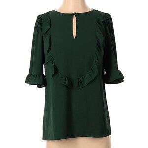 Ann Taylor Women's Size XS Blouse Green Ruffle Half Sleeve Keyhole Round Neck